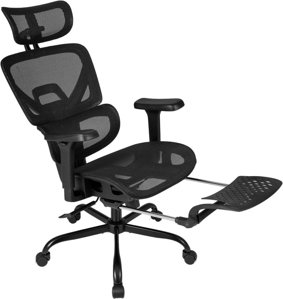 Sedia da ufficio ergonomica, sedia da scrivania girevole con altezza regolabile, schienale in rete, braccioli 3D e poggiapiedi retrattile, funzione di bilanciamento, 5 ruote, carico 136 kg