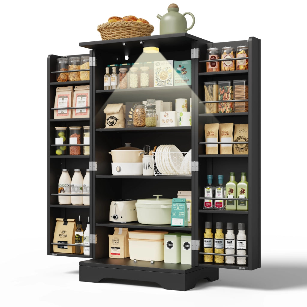 Mobile Dispensa 60x40x120 cm Nero con LED Sensore; 2 Ante; Ripiani Regolabili e Portaoggetti