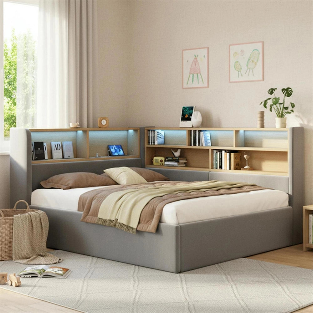 Divano letto con contenitore idraulico - Xylo - 140x200 cm - Grigio - LED, USB, velluto