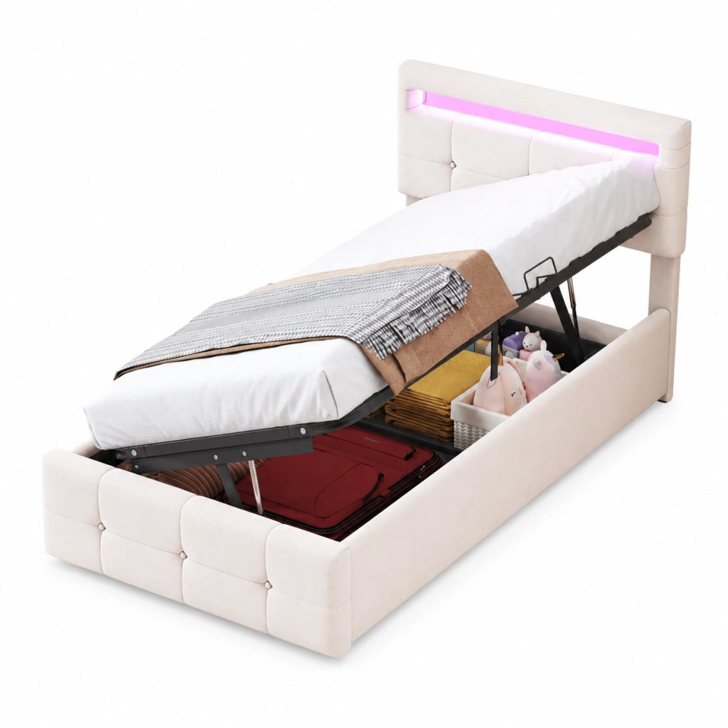 Letto imbottito 90x200 cm; con luci LED; velluto beige (Senza materasso)