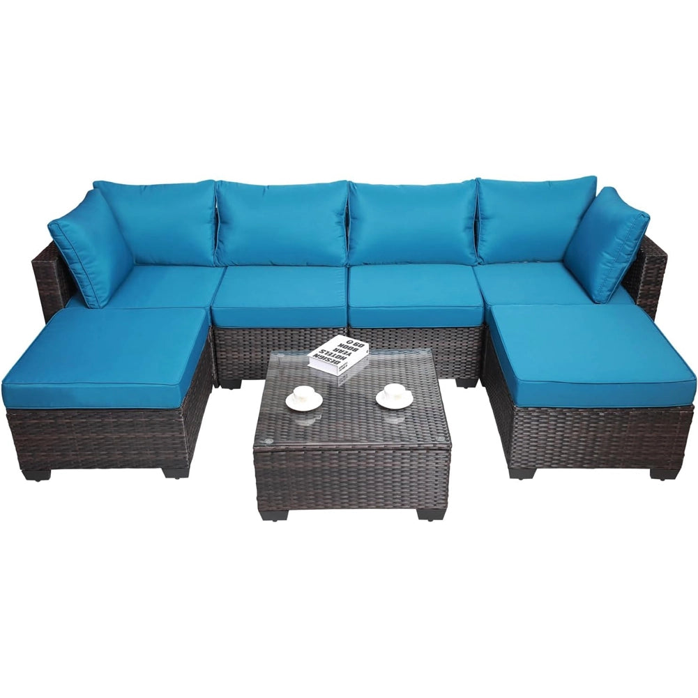 Set Patio Divano Modulabile da Esterno in Polyrattan con Cuscini Blu da Giardino