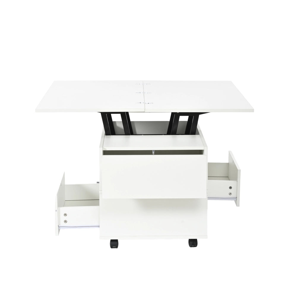 Tavolino da caffè alzabile con 4 cassetti e ruote - per soggiorno - 100x50x52 cm - bianco