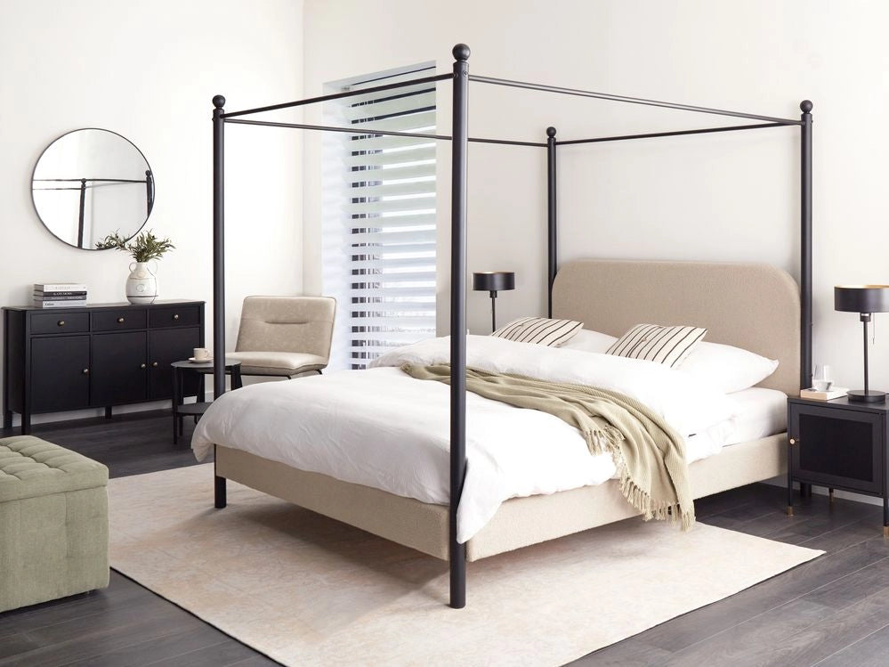 Letto a baldacchino in metallo nero con rivestimento in bouclé beige 160 x 200 cm EU Dimensioni doppie Retro Minimalista