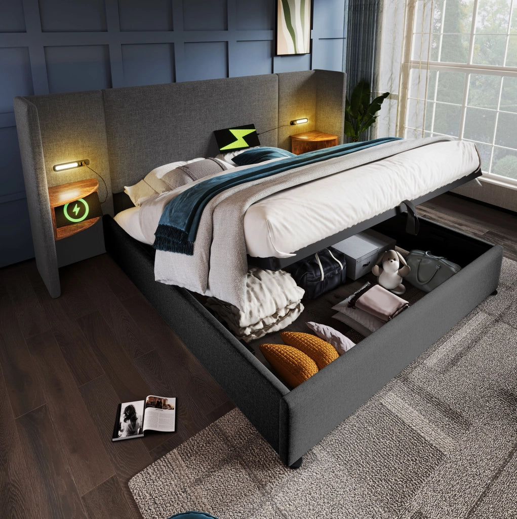 Letto matrimoniale contenitore 160x200 con lampada USB-C