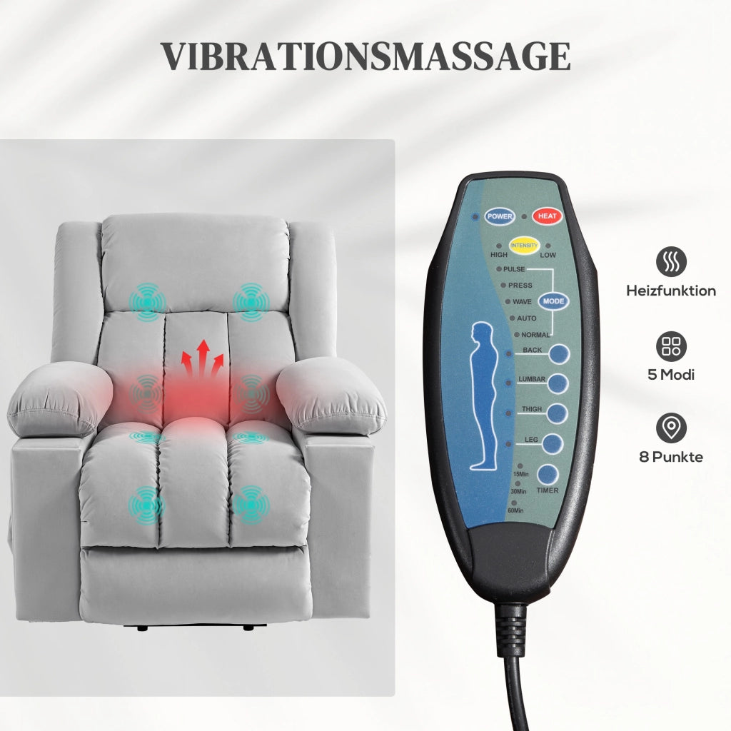 POLTRONA RELAX ELETTRICA CON ALZATA, MASSAGGIO E CALORE, VELLUTO GRIGIO CHIARO