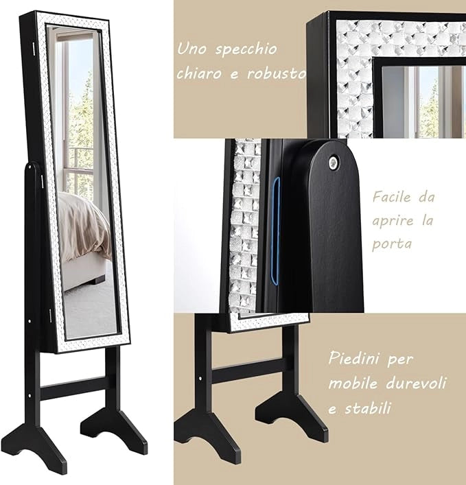 Armadio per Gioielli, Armadietto Portagioie con Specchio a Figura Intera, Organizer Spazioso per Gioielli, per Camera da Letto e Salotto, 35,5 x 33 x 153 cm (Nero)