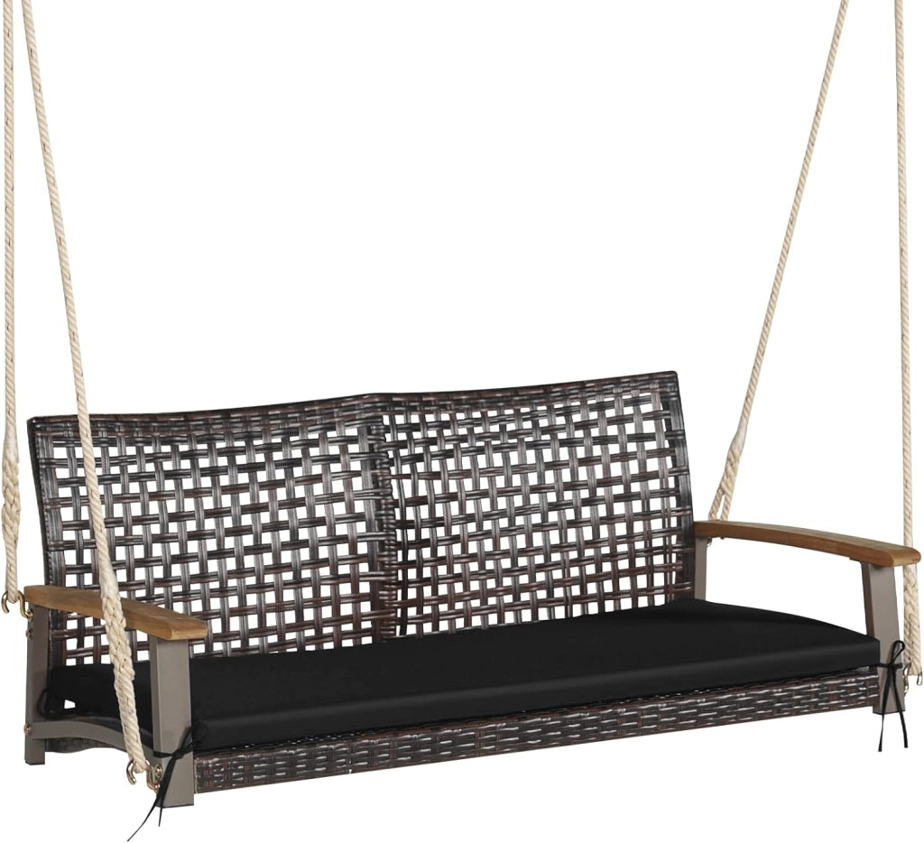 Panca Sospesa in Rattan per 2 Persone - Altalena da Giardino Con Ringhiera in Legno di Acacia - Fino a 360 kg (Cuscino Bianco Incluso)