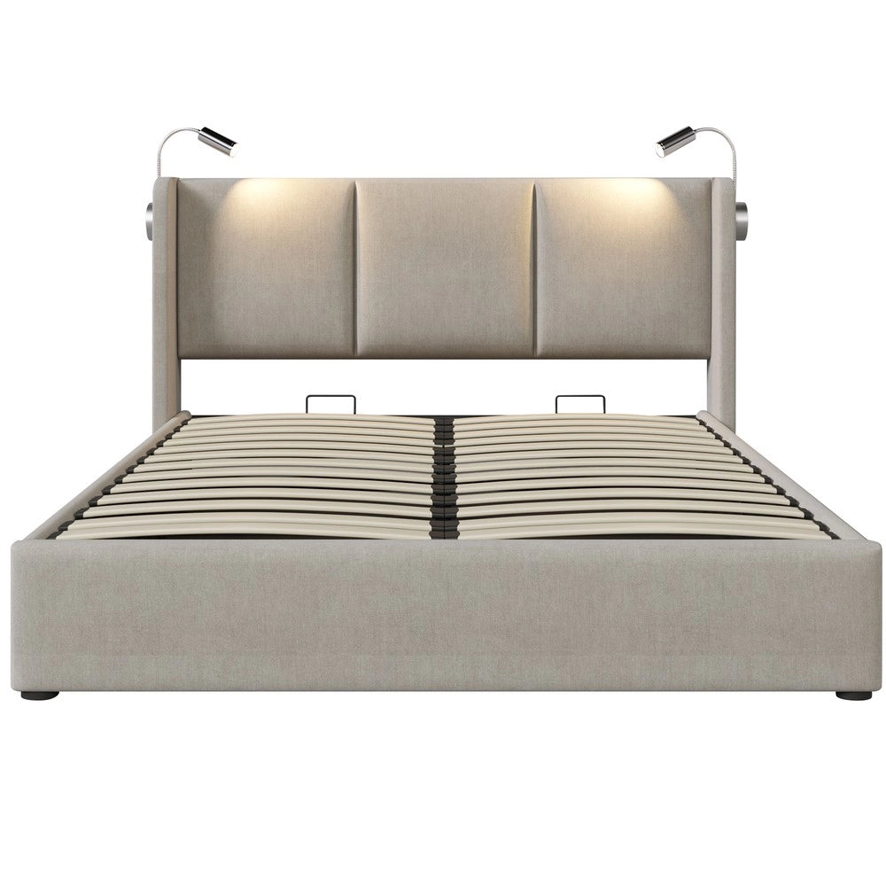 Letto Contenitore Imbottito Matrimoniale con Luce LED e USB ¨C Xylo ¨C Tessuto Lino 160x200