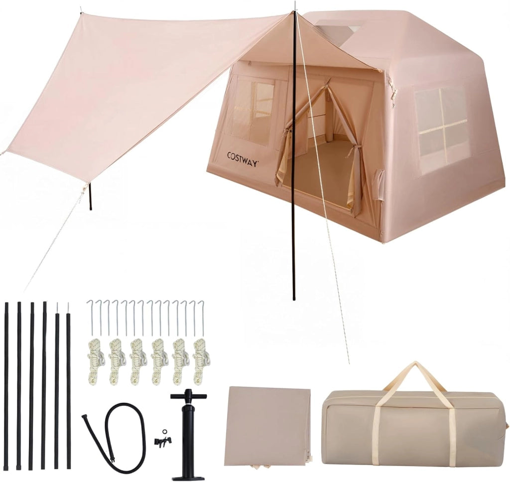Tenda da Campeggio Gonfiabile per 4-6 Persone, Tenda Portatile da Esterno con Pompa, Porte e Finestre in Rete, Picchetti, Cordini Antivento e Borsa per il Trasporto per Viaggi e Escursionismo
