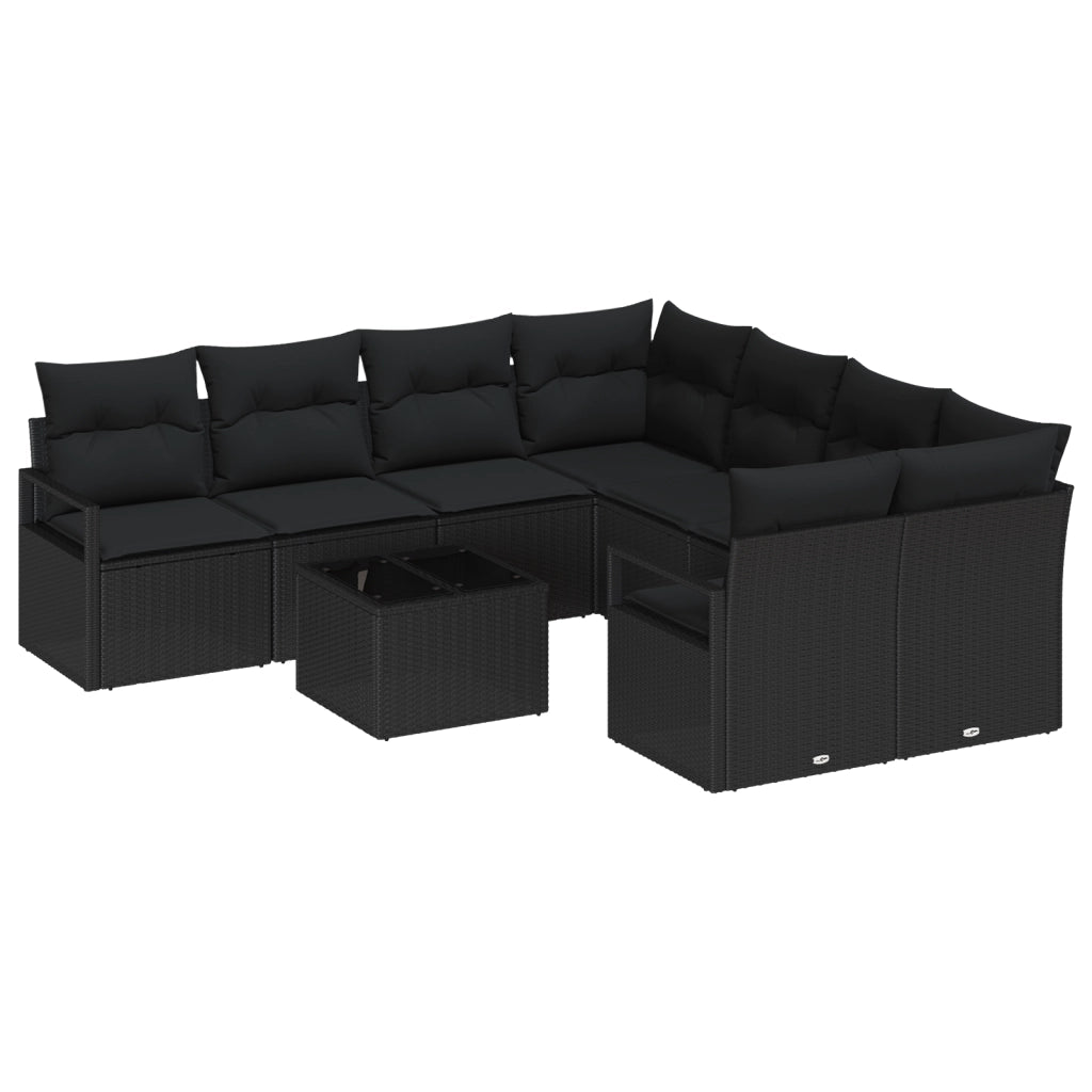 Set Divano da Giardino  9 pezzi con Cuscini Nero Polyrattan