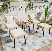 Set da giardino 5 pezzi con 2 sedie; 2 sgabelli; tavolo e cuscini; rattan bianco naturale