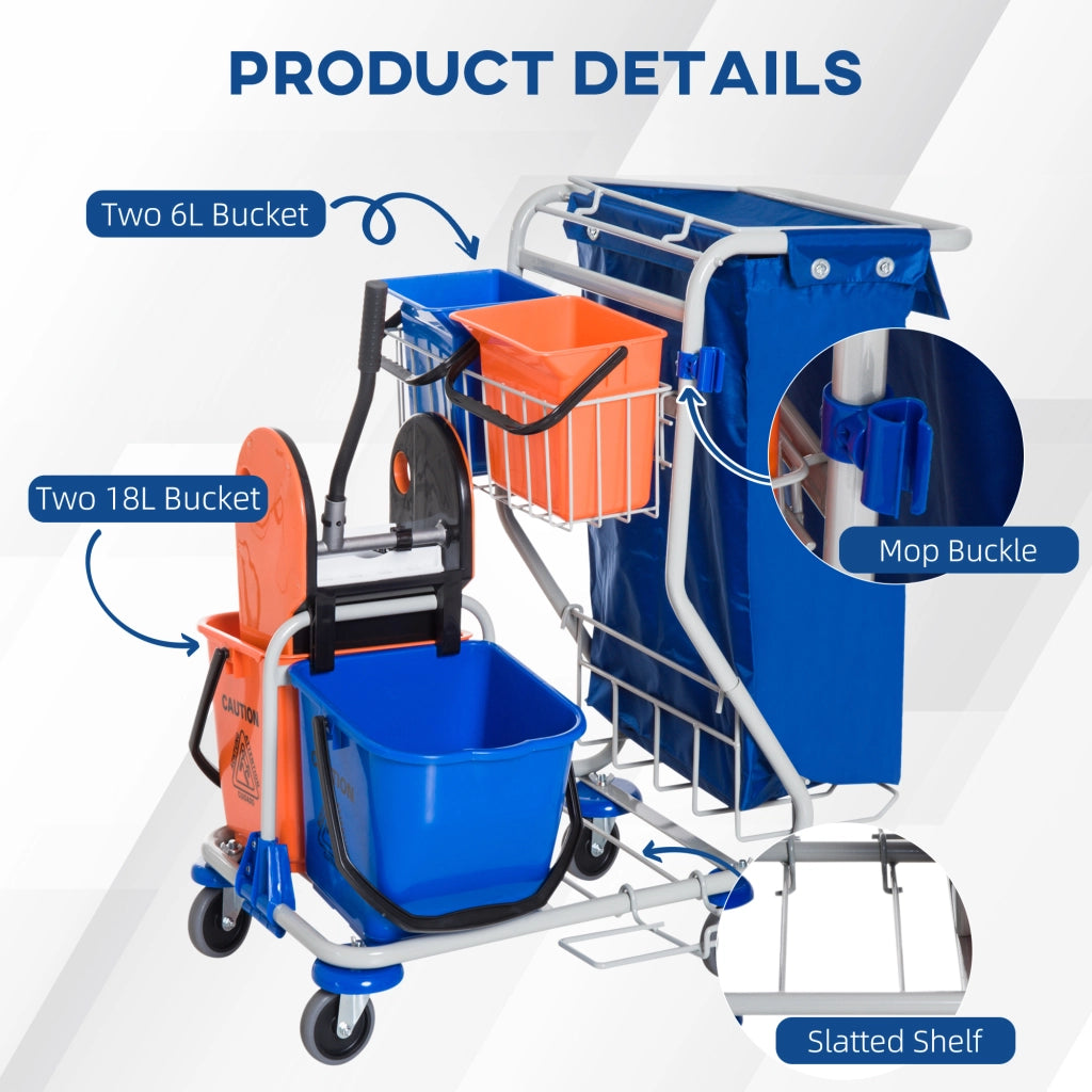 Carrello per la pulizia con 4 secchi, carrello per mocio, carrello modulare con ruote, blu/arancione, 100 x 70 x 103 cm |