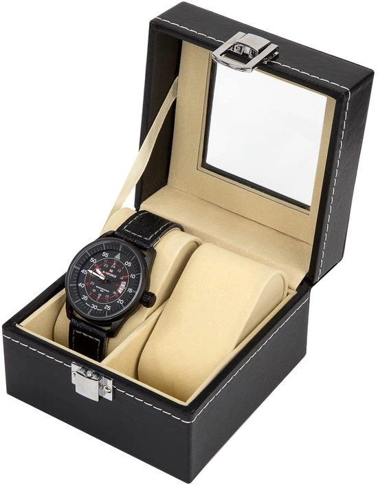 Cassetta Orologio in PU Pelle con Cassetta Orologio a 2 Compartimenti con Coperchio in Vetro per Magazzino e Presentazione