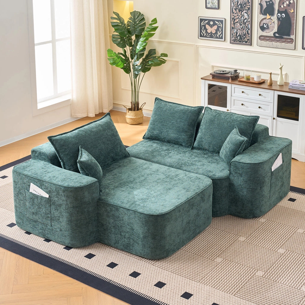 OKWISH Divano ad Angolo Modulare, Senza Montaggio, Seduta Profonda e Chaise Longue, 2 Moduli, Ciniglia, Verde