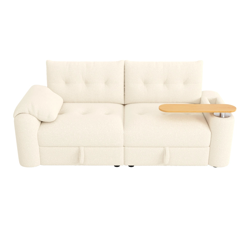 Divano modulare 2-3 posti con contenitore tavolino girevole a 270° e poggiatesta per salotto compatto in teddy beige