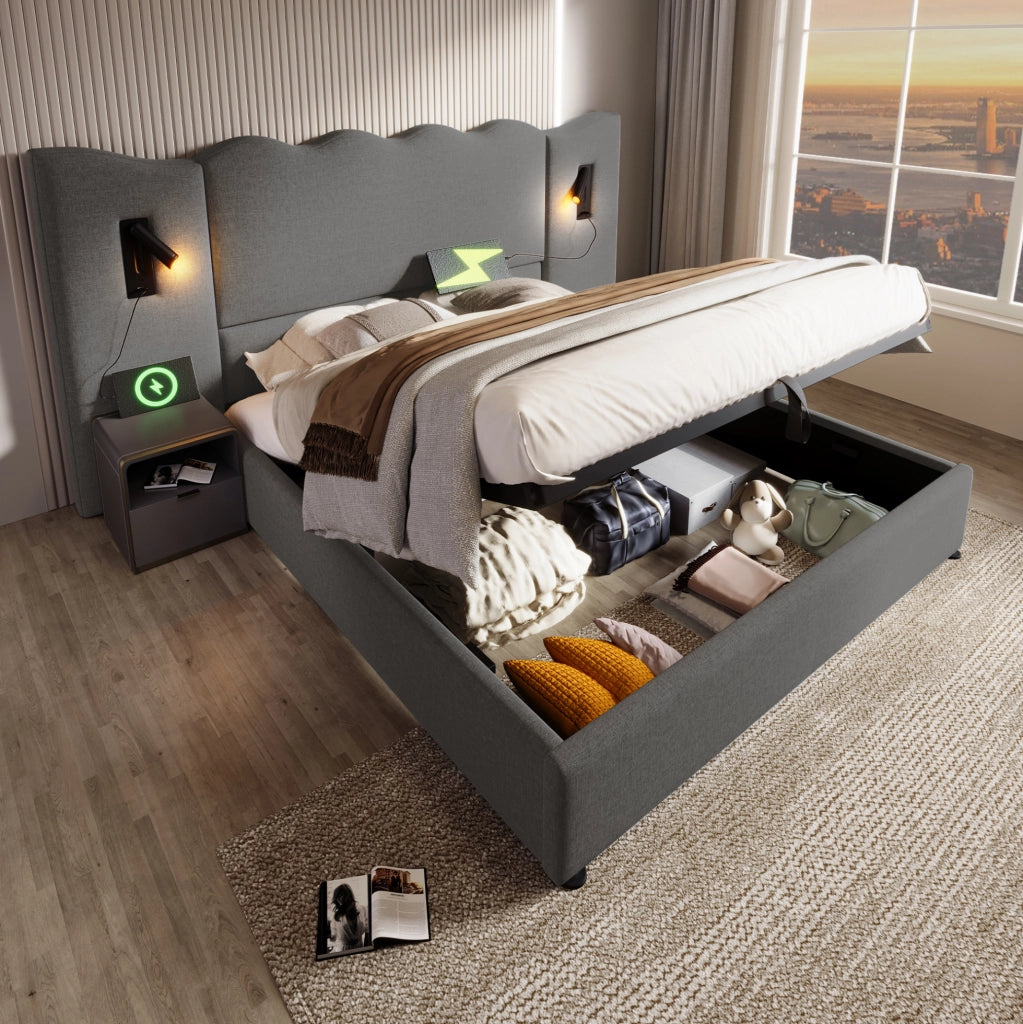 Letto contenitore 160x200 cm con lampade da lettura USB e Type-C; lino grigio