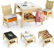 Set Tavolo e 2 Sedie per Bambini, 5 in 1 Tavolino e Sedie con 4 Ganci, 3 Scatole in Tessuto e Lavagna Reversibile per Bambini 3+ Anni per Cameretta Ragazzi (Naturale, Stile 4)