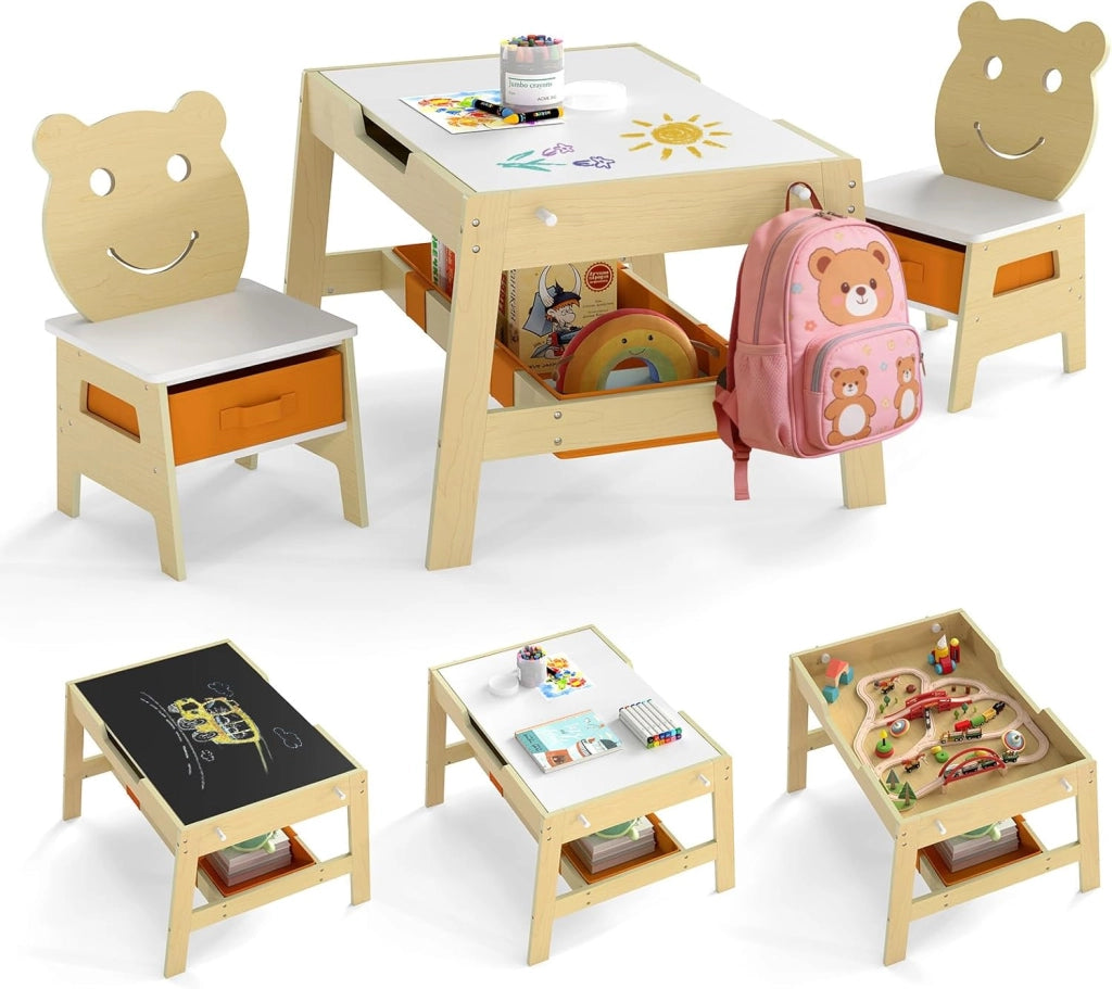 Set Tavolo e 2 Sedie per Bambini, 5 in 1 Tavolino e Sedie con 4 Ganci, 3 Scatole in Tessuto e Lavagna Reversibile per Bambini 3+ Anni per Cameretta Ragazzi (Naturale, Stile 4)