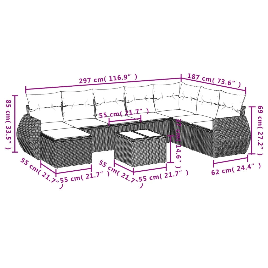 Set Divano da Giardino 9 pz con Cuscini Grigio in Polyrattan