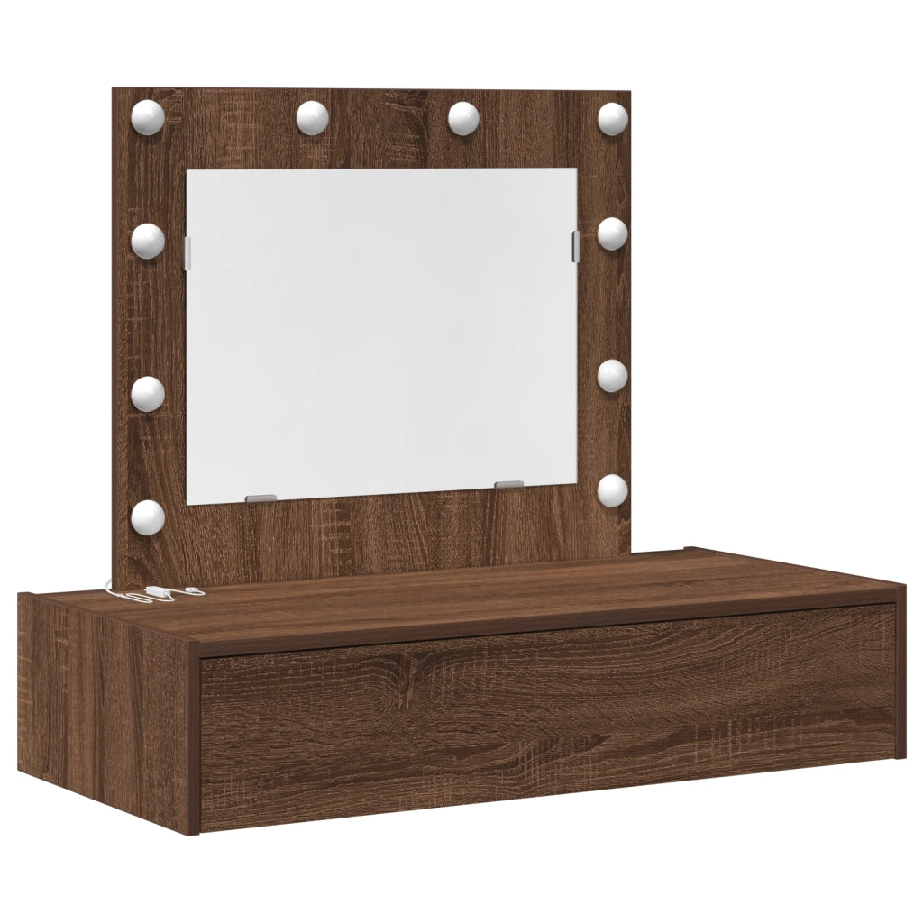 Tavolo da toeletta a parete con luci LED Rovere marrone