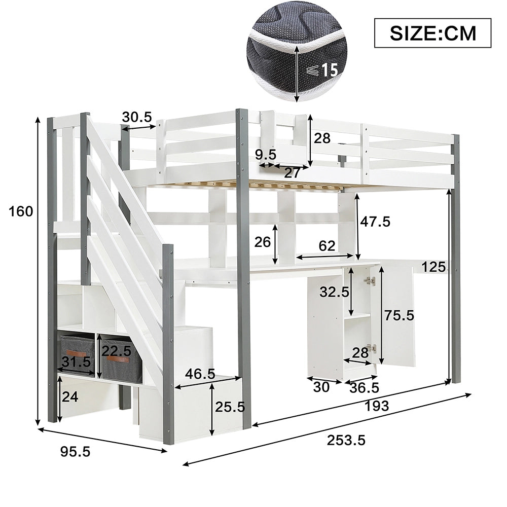 Letto mezzano con scrivania - Xylo - 90x200cm bianco/grigio, contenitore tessuto