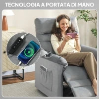 Poltrona Reclinabile con 8 Punti Massaggio e 5 Modalità, Poggiapiedi, Riscaldamento, Tessuto Vellutato, Grigio