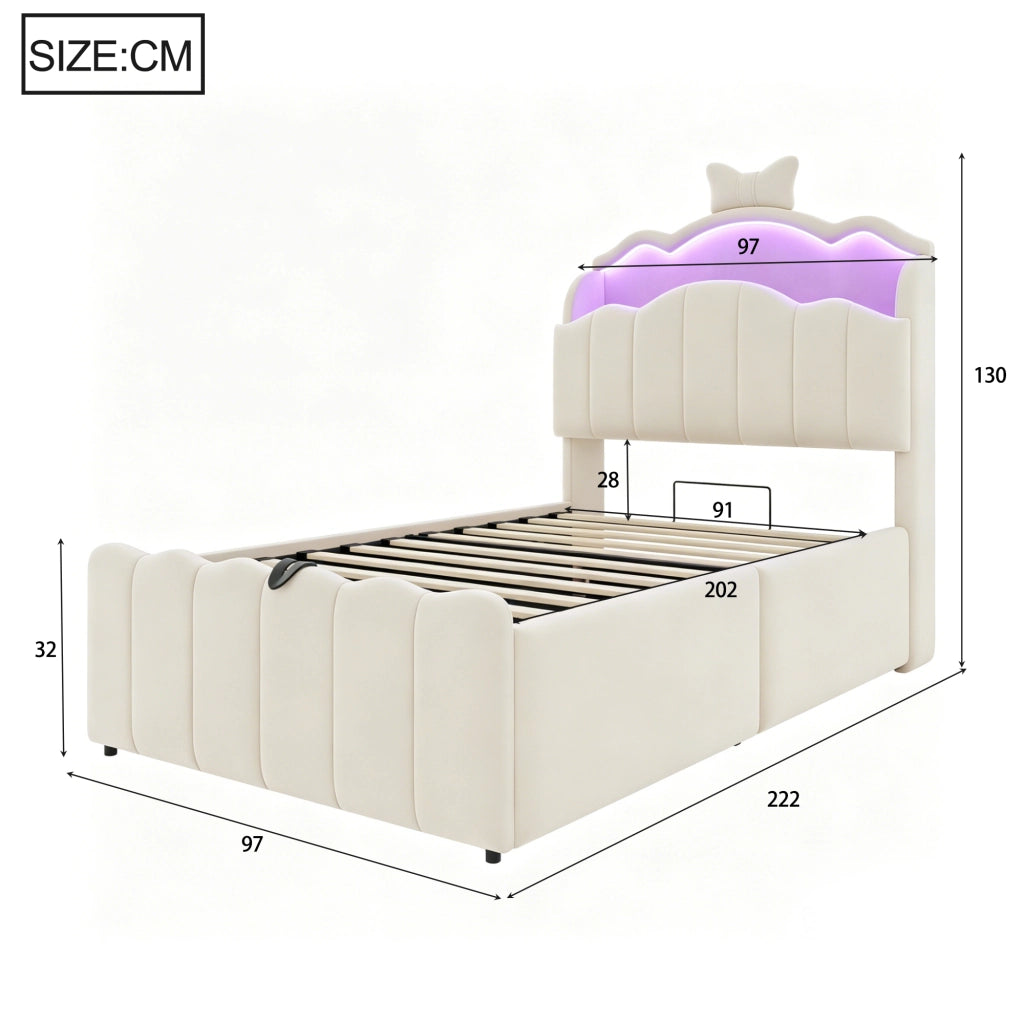 Letto per bambini 90 × 200 cm con contenitore idraulico, LED a colori, USB e USB-C, senza materasso, beige