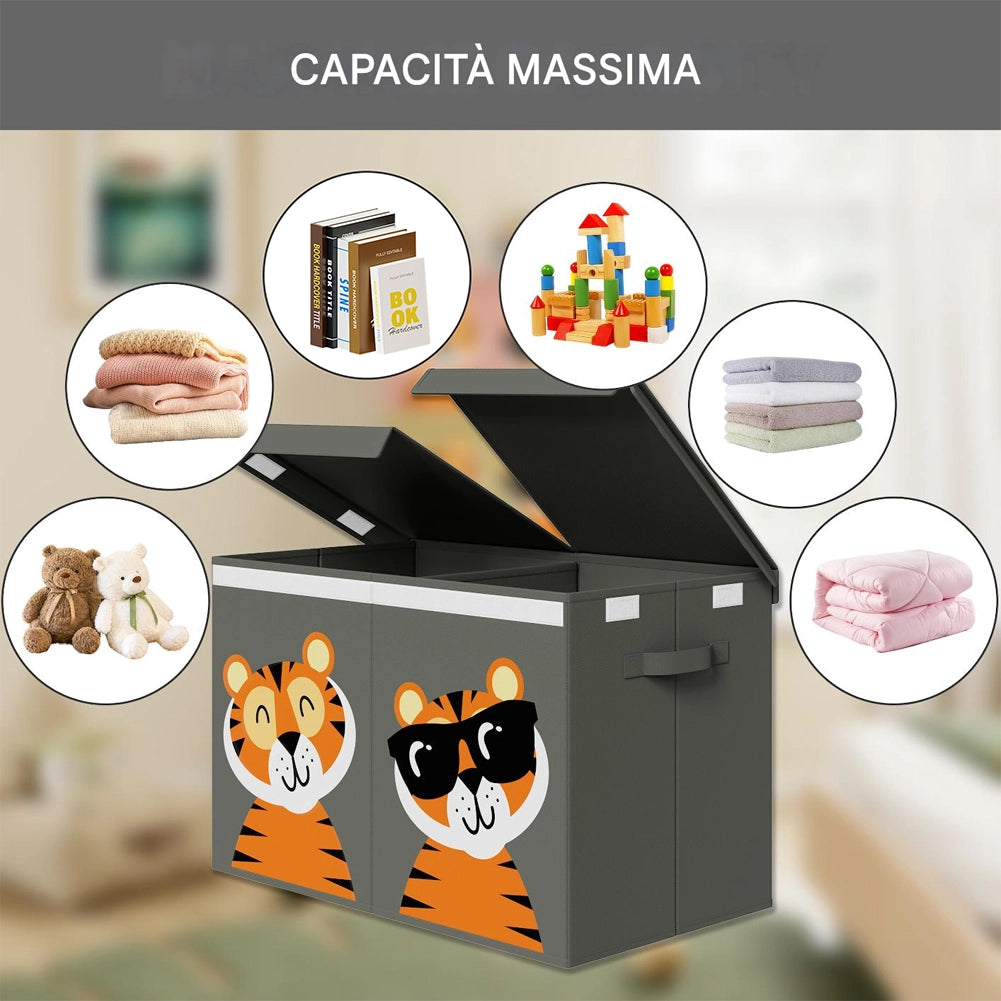 Box Contenitore Giocattoli con Animali Doppio Pieghevole 80L Grigio Salvaspazio