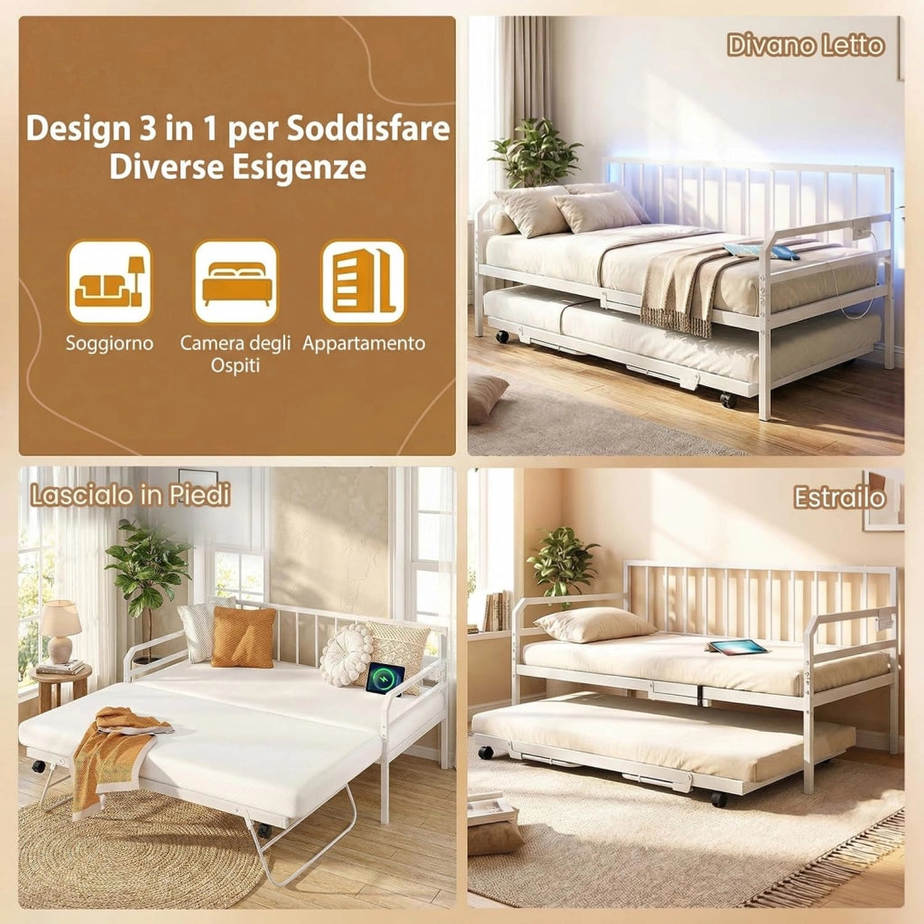 Letto Estraibile, Divano Letto Singolo con Luci LED e Stazione di Ricarica, Lettino Matrimoniale con Struttura in Metallo, 2 Pz 90x200 cm, per Soggiorno e Camera da Letto (Bianco)