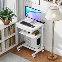 Scrivania per computer con ruote, scrivania con vani 56 x 51 cm con cassetto, compartimento e supporto CPU, bianco
