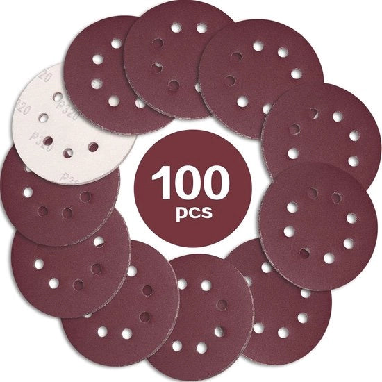 100 pezzi di dischi abrasivi 125 mm 320 grana carta abrasiva dischi abrasivi 8 fori Ideali per raschiare/pulire per trapani a forma irregolare - Rosso rostroso