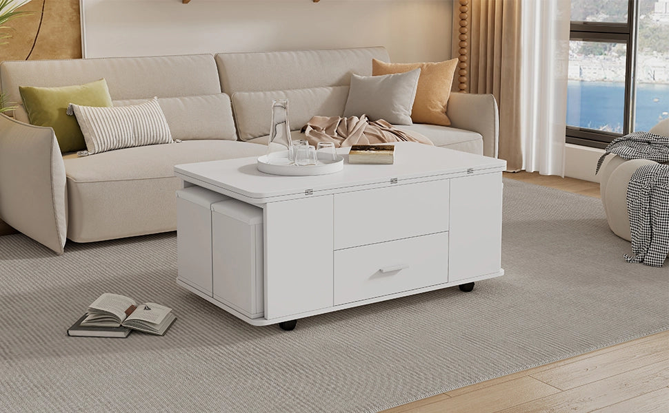 TAVOLO da caffè sollevabile 100 x 50 cm bianco con 4 sgabelli
