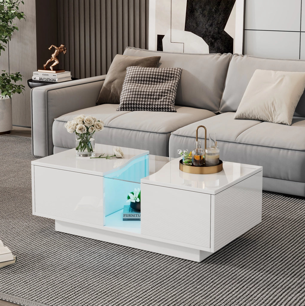 Tavolino da caff猫 100x50x35 cm; LED regolabile con 2 cassetti; MDF e acrilico; bianco