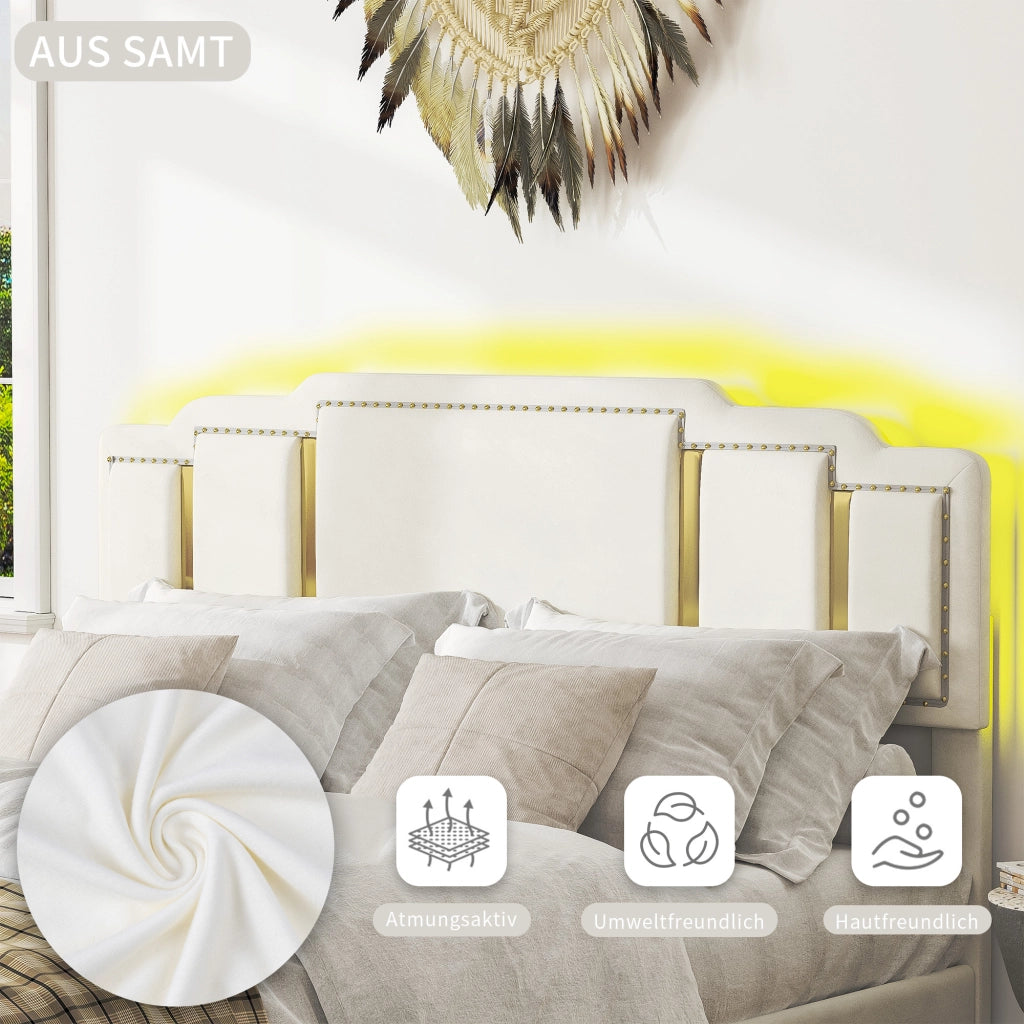 Letto matrimoniale 140 × 200 cm con 4 cassetti, LED regolabile, rivestimento in velluto, senza materasso, beige