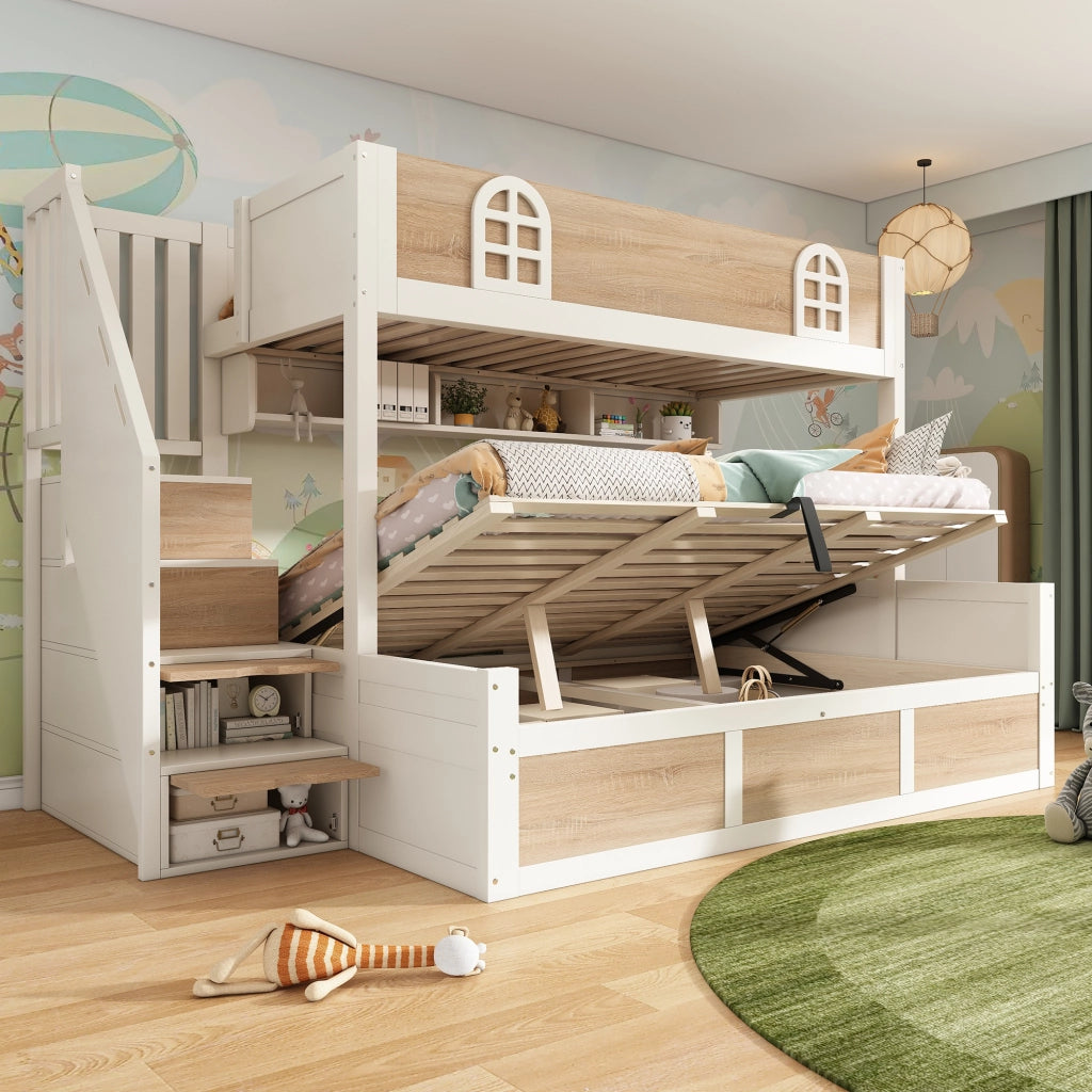 Letto a castello 90 × 200 e 140 × 200 cm 3 posti; contenitore idraulico e scala contenitore; senza materasso