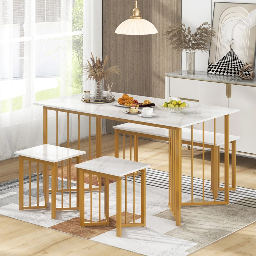 Set di tavolo da pranzo moderno con 4 posti, Tavolo da cucina rettangolare con panca e 2 sgabelli Bianco-Tavoli e sedie da pranzo