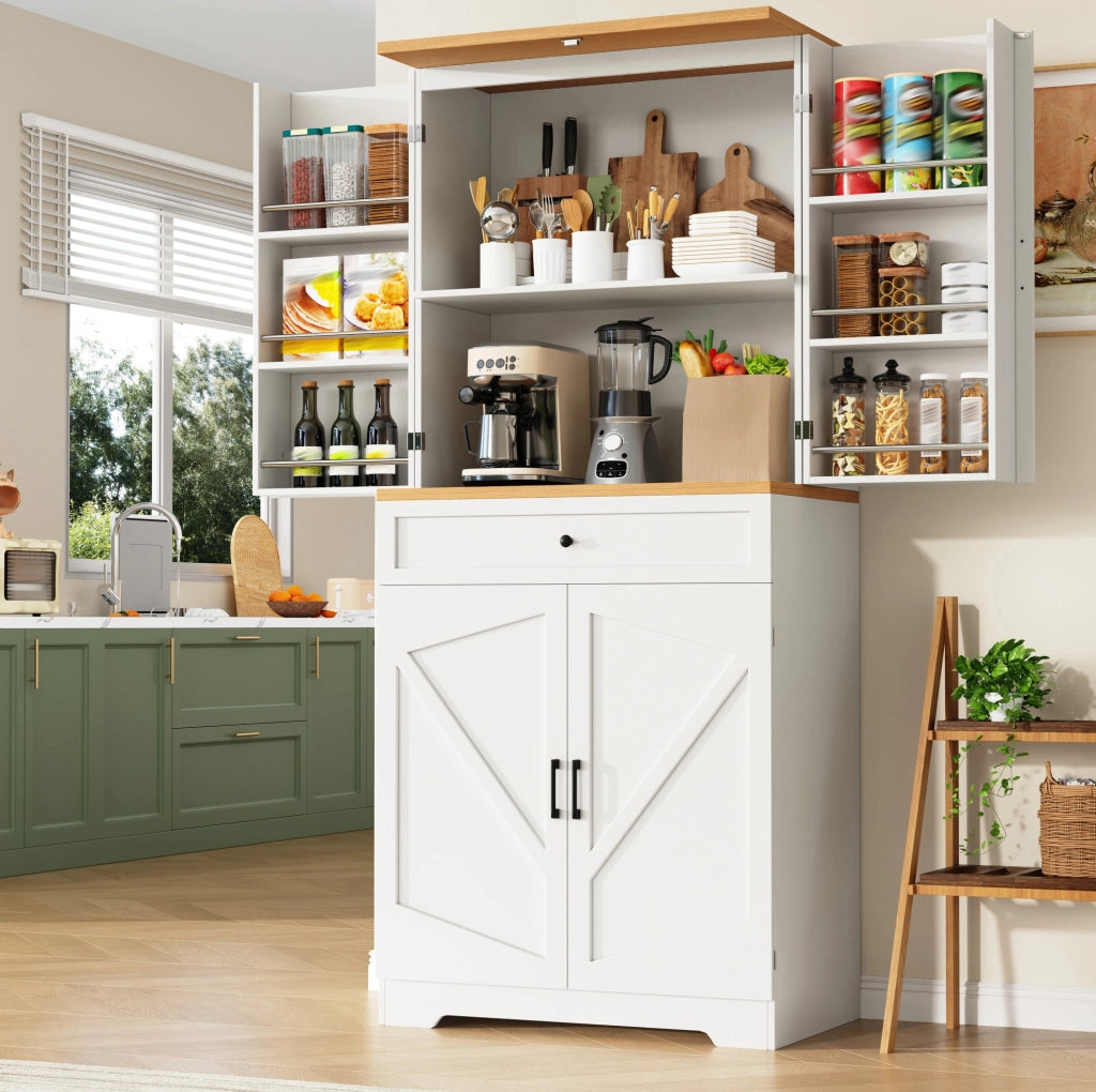Credenza alta 80x40x180 cm con ripiani aperti e cassetti in MDF bianco