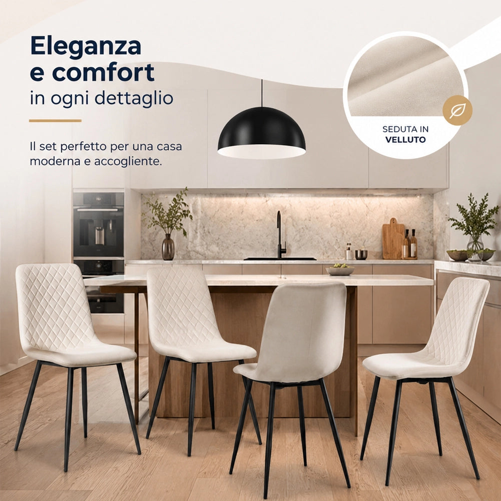 Set 4 Sedie Beige con Rivestimento in Velluto e Piedi Neri Seduta Ergonomica