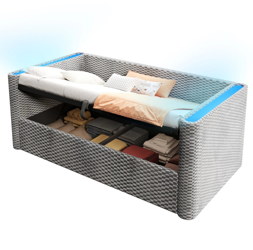 Divano letto 90x200 cm con contenitore idraulico e LED in velluto grigio