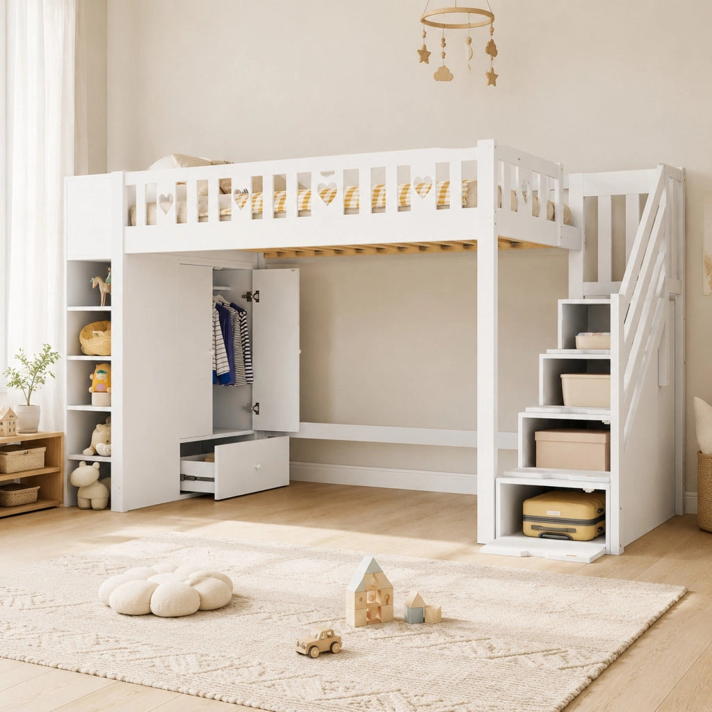 LETTO a soppalco 90x200 cm Bianco in pino e MDF con scala contenitore