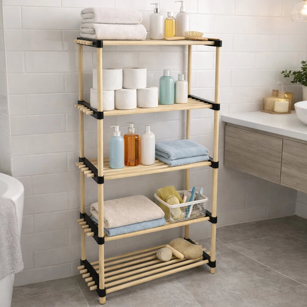 Scaffale in Legno 5 Ripiani Scaffalatura Multiuso Bagno Casa Ufficio 28x56x117cm