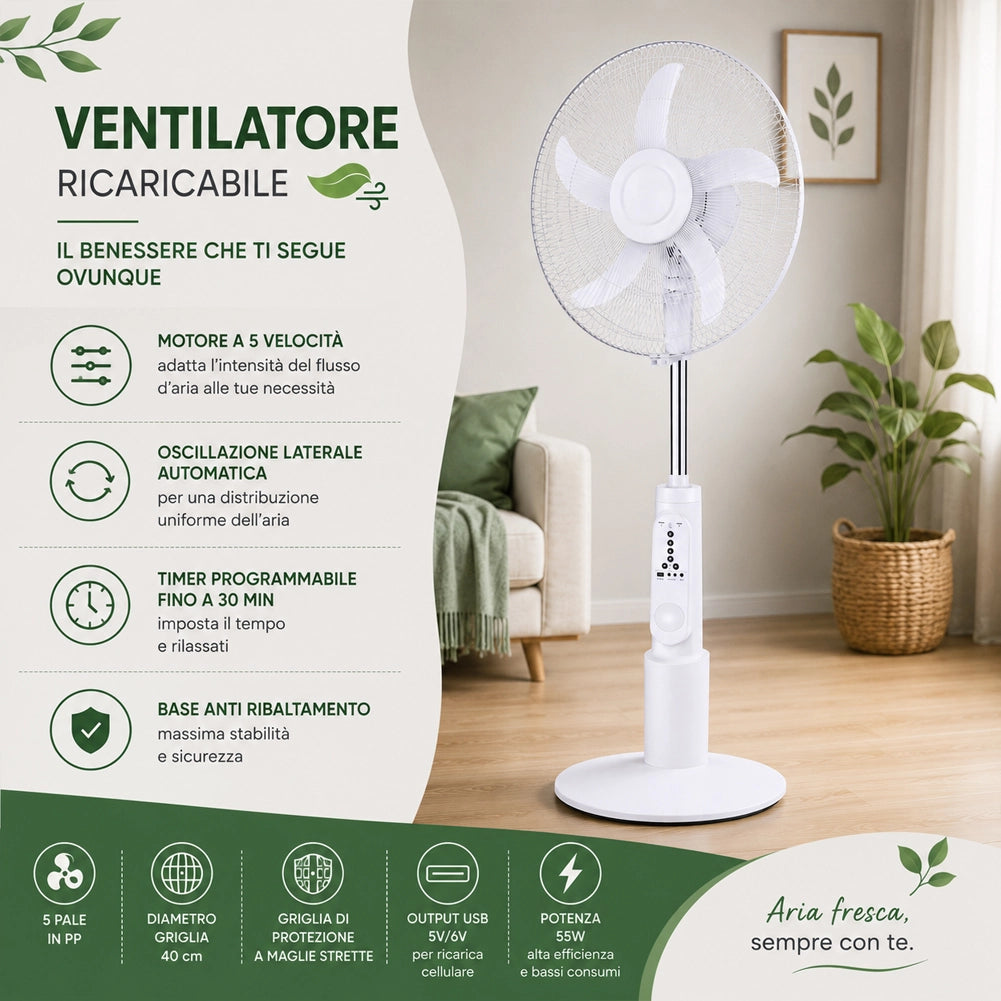 Ventilatore da Terra 105cm Ricaricabile Diametro 40cm potenza 55W e Telecomando