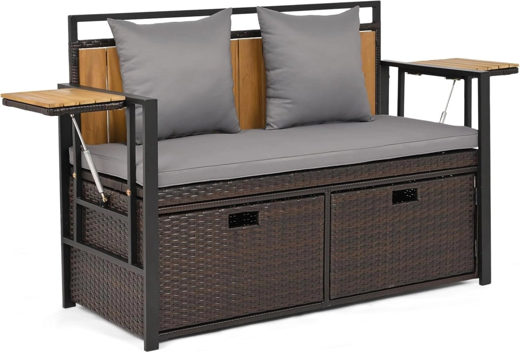 Panca da Giardino con Vano Contenitore, Panchina a 2 Posti in Rattan PE, con Tavolini Pieghevoli, Cuscini Imbottiti, per Esterno, Balcone, Terrazza, 120 x 51 x 82 cm, Portata 360 kg (Beige)
