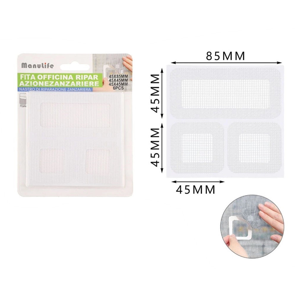 Trade Shop - Set 6 Toppe Adesive Rete Bianca Riparazione Fori Strappi Zanzariere 45x85mm/45x45mm 622156 -