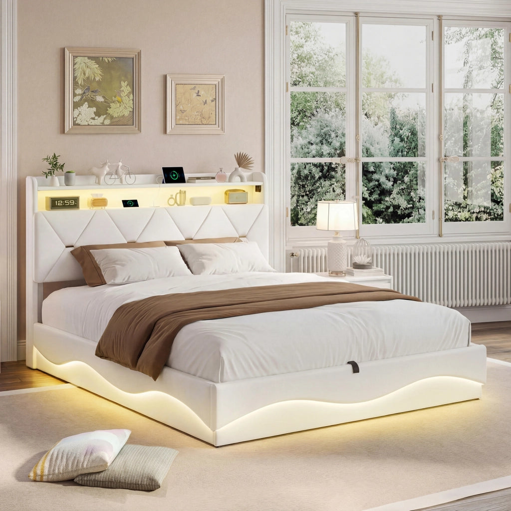 Letto una piazza e mezza 140x200 cm con contenitore LED USB Type-C testiera rete a doghe tessuto - beige