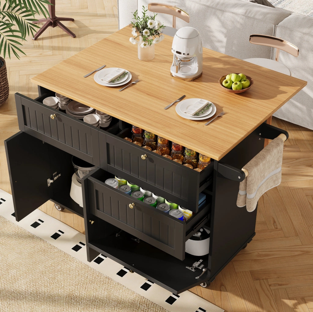 Isola da cucina mobile pieghevole in MDF nero con ruote