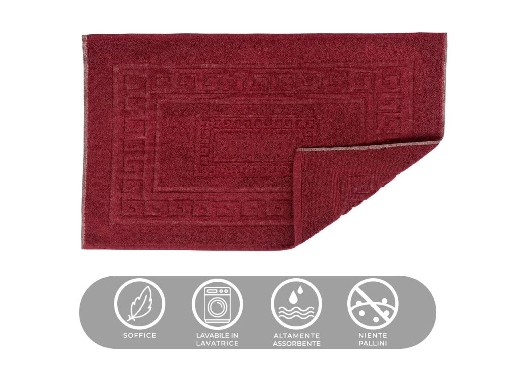 Tappeto Bagno Doccia Spugna Tinta Unita Torino Tappetino Super Assorbente In Cotone Pelo Corto Con Greca - 45x60 - Bordeaux