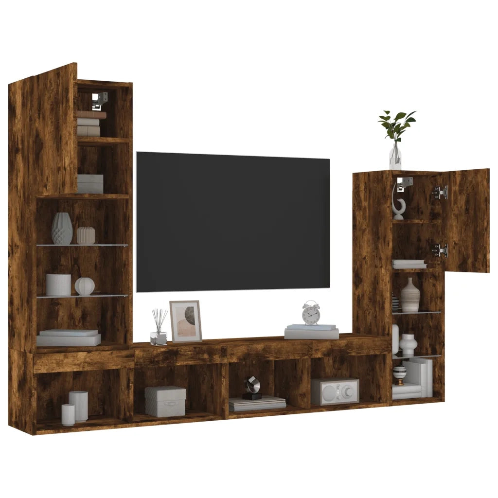 Mobili TV a Muro con LED 4pz Rovere Fumo in Legno Multistrato