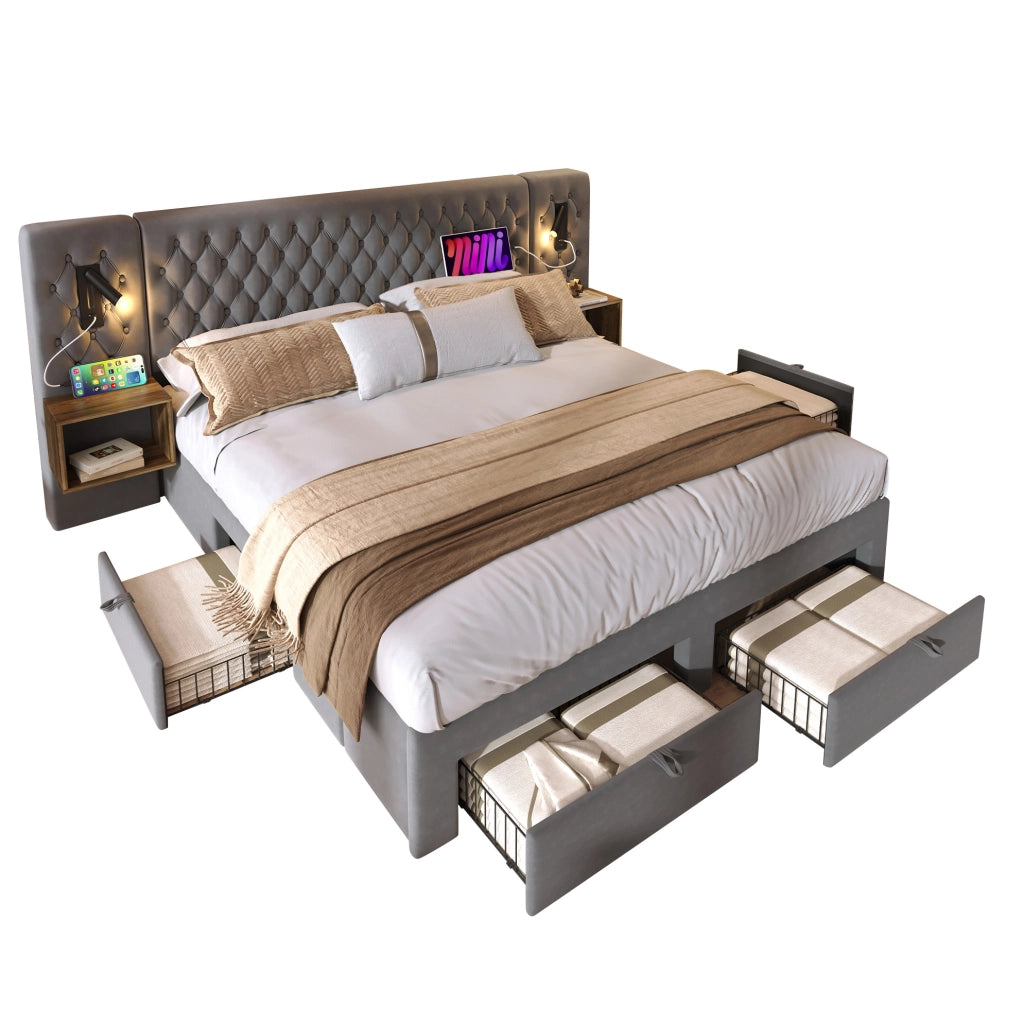 Letto matrimoniale 180x200 cm in velluto grigio con 2 comodini; 4 cassetti e luce lettura