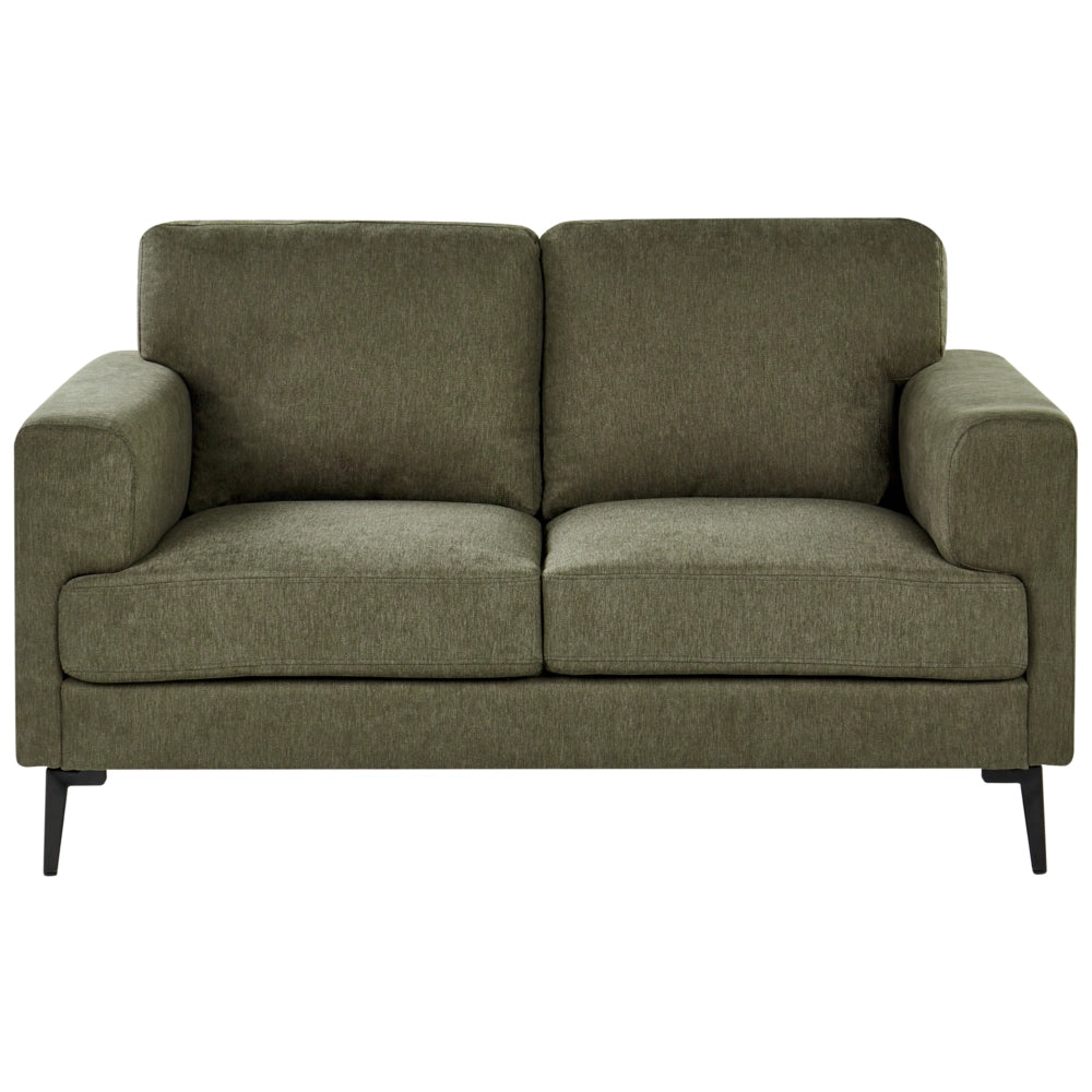 Divano minimalista moderno di metà secolo in tessuto a 2 posti con gambe in metallo rivestite e braccioli verde